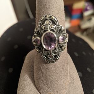 Silver, marcasite and purple stone ring